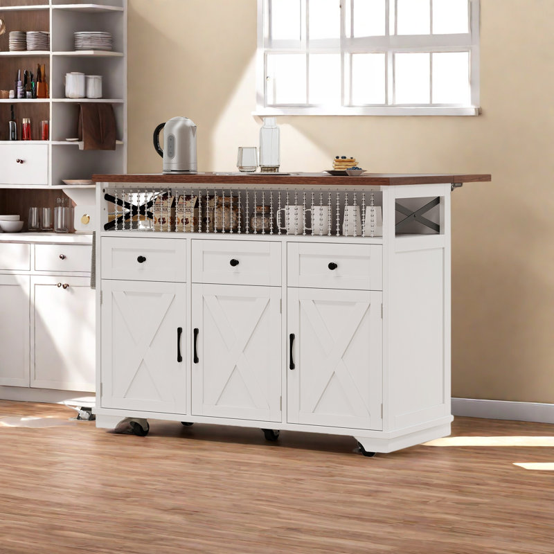 Farmhouse Rolling Kitchen Island With Drape Of Beads, Power Outlet, Drop Leaf, 3 Doors, 3 Drawers And Internal Iron Shelf