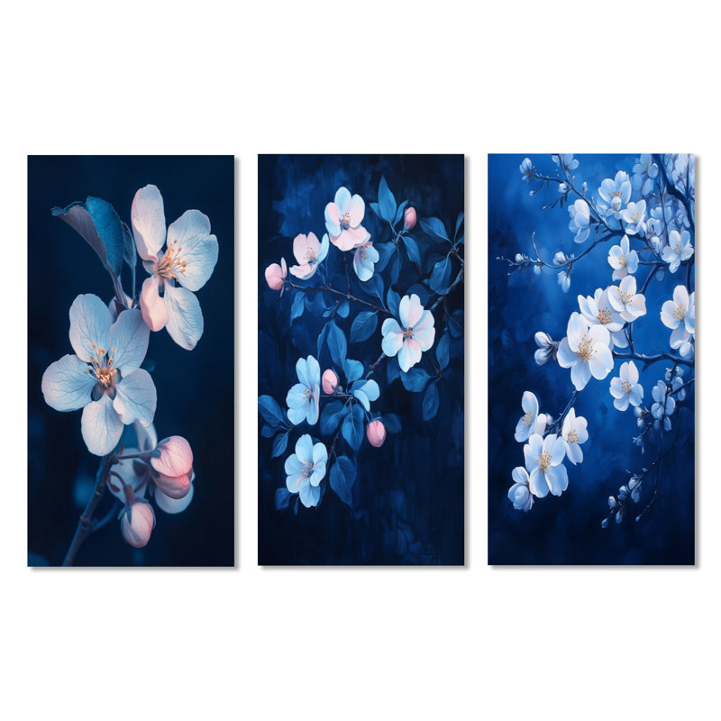 Indigo Orchard Night - ensemble de 3 impressions florales en métal, H 32 po x l 48 po