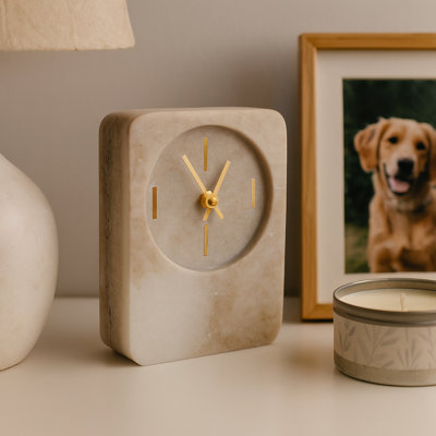 Aparicio Decorative Marble Tabletop Clock With Brass Hands For Entryway Decor - Elegant Mantel Accent Clock For Home And Office Display