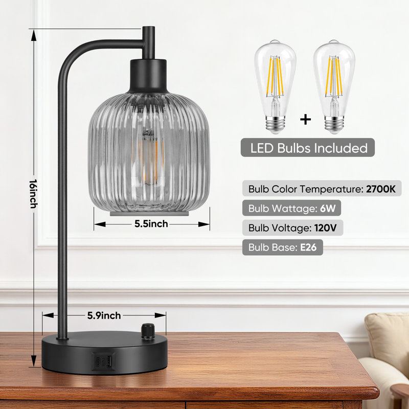 Ensemble de 2 lampes de table en verre gris avec ports USB A&C pour chambre à coucher, Noir, Gris