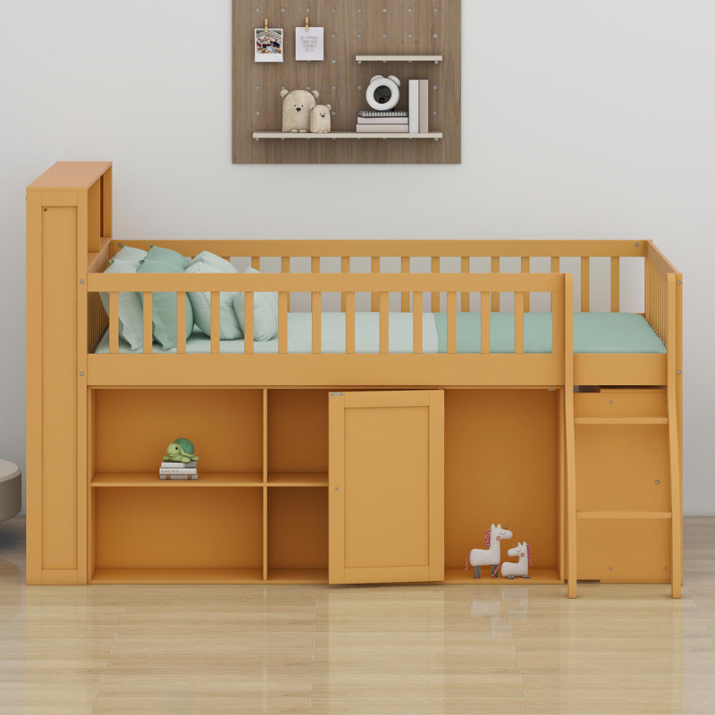 Lit mezzanine contemporain avec rangement intégré et tête de lit avec lumières décoratives DEL, Naturel