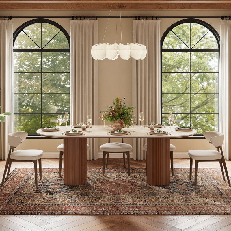 Table de salle à manger ovale de style Mid-Century (200 cm), plateau en travertin fritté, table de cuisine marron avec piètement cannelé en MDF pour 8 personnes