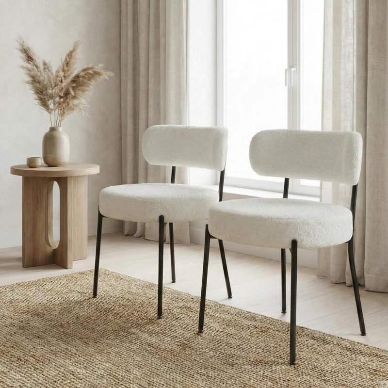 Mid-century Modern White Boucle Upholstered Dining Chairs,  With Curved Back & Black Metal Legs, Set of 2