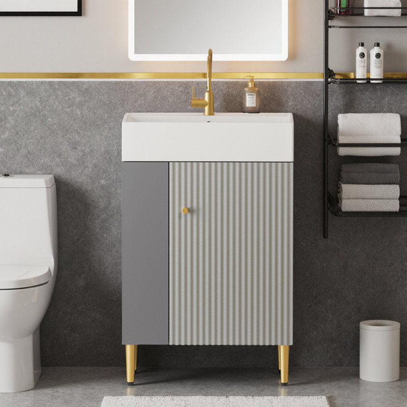 Meuble-lavabo gris 21,6 po avec lavabo en céramique, porte à fermeture douce et armoire de rangement à gauche, Gris