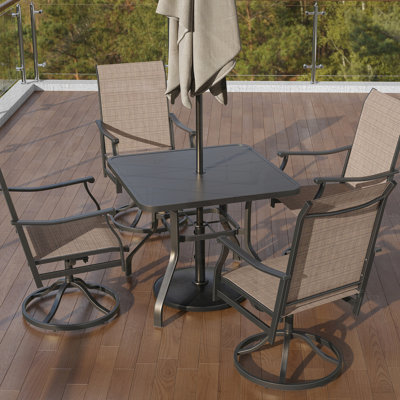Table de salle à manger carrée pour l'extérieur avec trou pour parasol et meubles de patio en métal résistant aux intempéries pour le jardin et la cour
