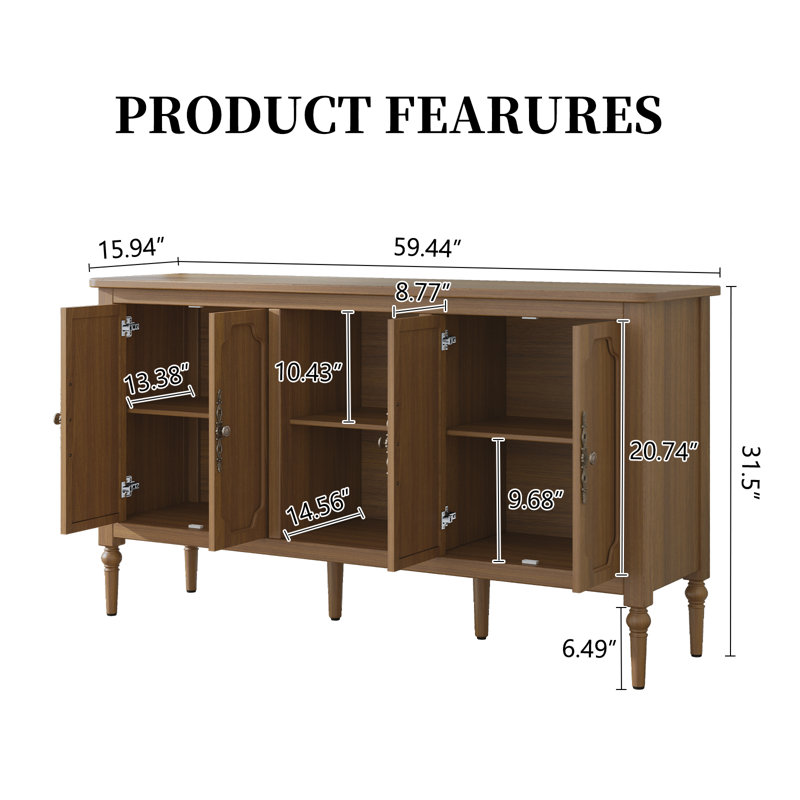 Gurbachan 59-in Vintage four-door cabinet with open shelves, Brown