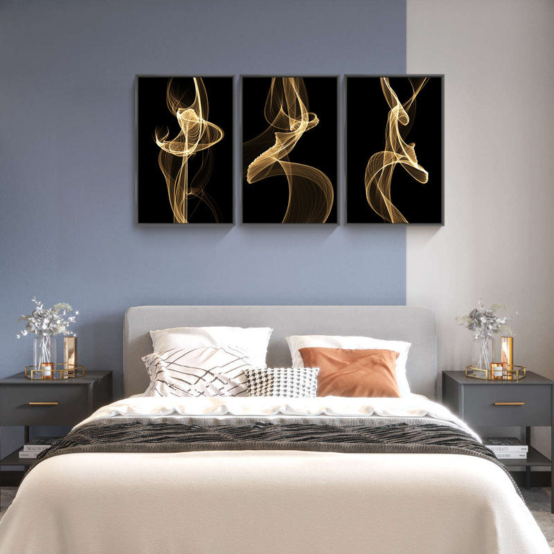 Abstrait, art mural, ensemble de 3 reproductions d'art sur toile encadrées, H 16,3 po x l 36,3 po x P 1,65 po, Noir