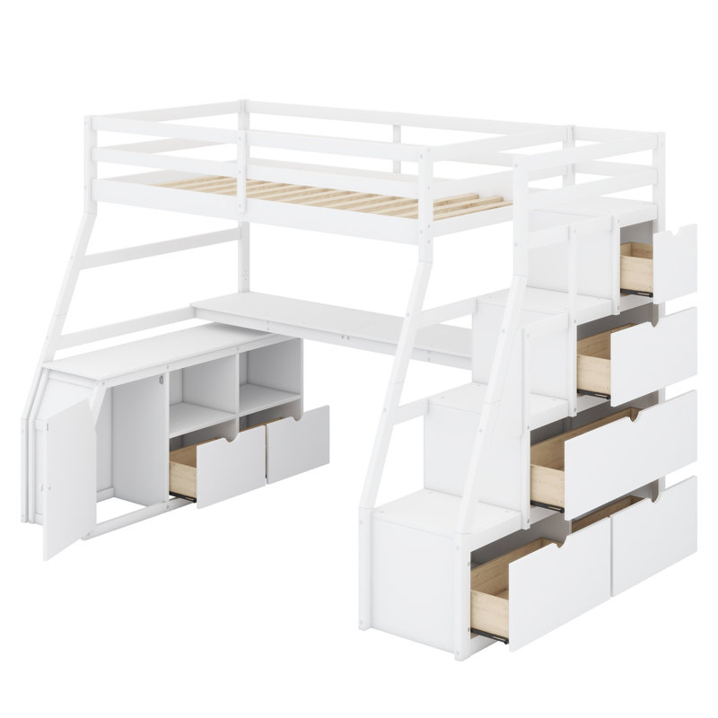 Lit mezzanine avec tiroirs, tablettes et bureau, Blanc