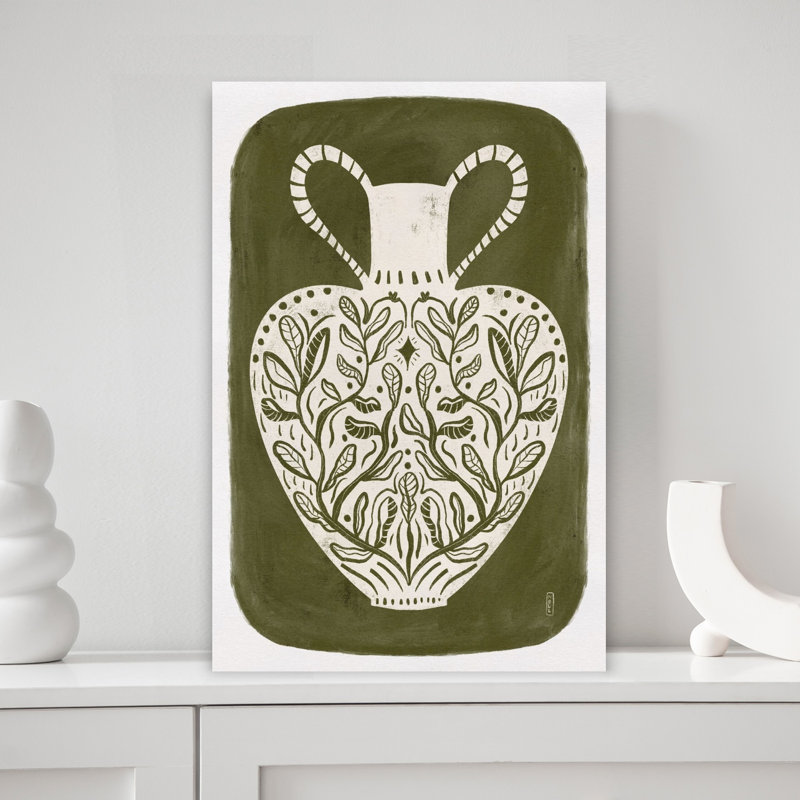 Greek Vase Olive Green Illustration Minimalist Mystical Abstract Landscape Nature Wall Art Print 1 Piece Wrapped Canvas Wall Art