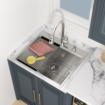 25" L x 22" W x 12"H Workstation Drop-in Laundry Utility Sink Topmount Single Bowl Sink 16 Gauge Stainless Steel Kitchen Sink with Faucet