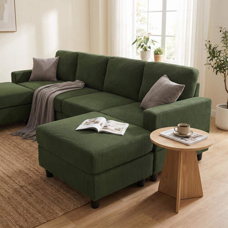 Canapé modulaire en U 98,8 po en velours côtelé, canapé 4 places à assise profonde avec 2 repose-pieds mobiles, mobilier rembourré vert pour le salon