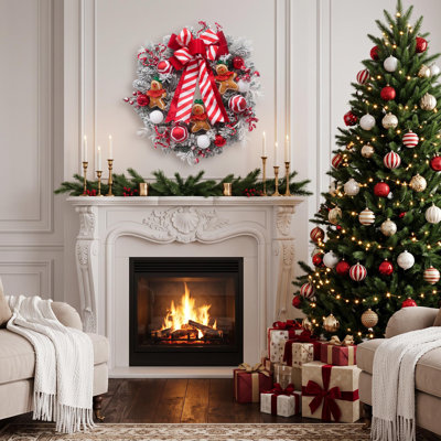 24" Pre-Lit Christmas Wreath with Gingerbread Ribbon, 20 LED Lights, Artificial PVC Holiday Wreath for Door, Window & Wall Decor
