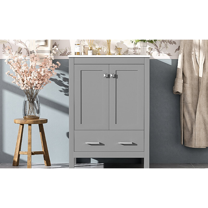 24 - Inch Transitional Style Bathroom Vanity With Ample Storage, Soft Close Hinges, And Exquisite Painting Craftsmanship 24" Gray Double Layer Door Shelf, Easy Assembly For Quick Setup