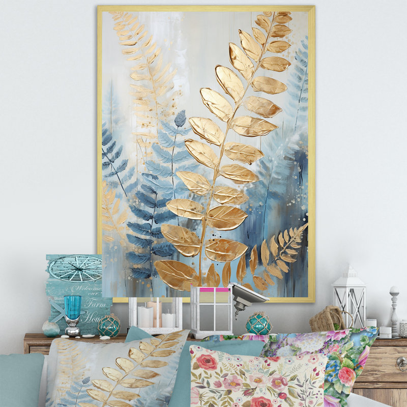 «Blue and Golden Ferns Breeze Symphony III», reproduction sur toile, Cadre doré simple, H 44 po x l 34 po x P 1,5 po