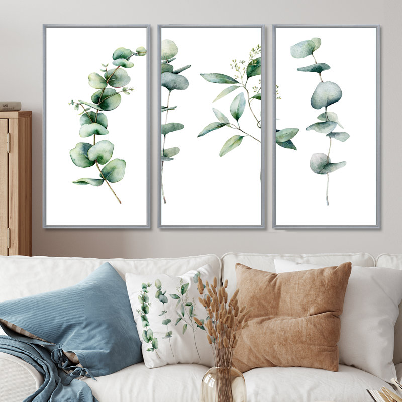 Green Eucalyptus Branches I - 3 pièces, peinture sur toile à cadre flottant, H 32 po x l 48 po, Argent argent