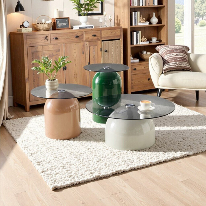Ensemble de 3 tables basses gigognes, plateau en verre, base en acier au carbone robuste, Brown+Green+Grey