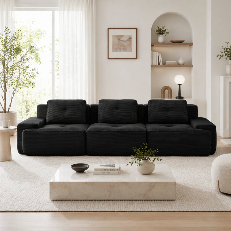 Canapé moderne en velours côtelé, Black -3Seat
