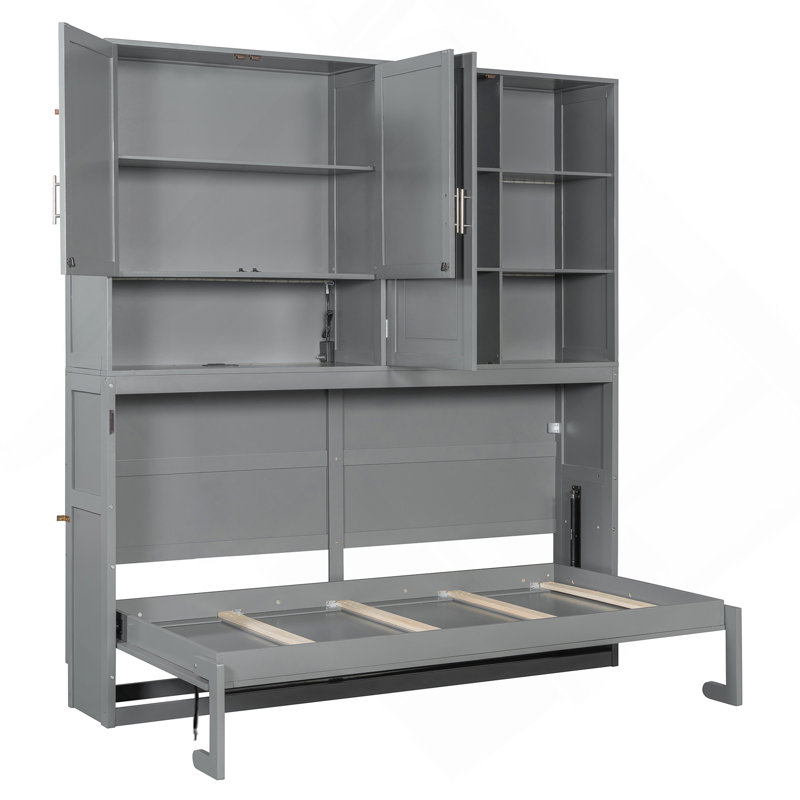 Lit escamotable mural simple avec armoire supérieure, tablettes, lit pliable peu encombrant avec lumière et USB, Gris