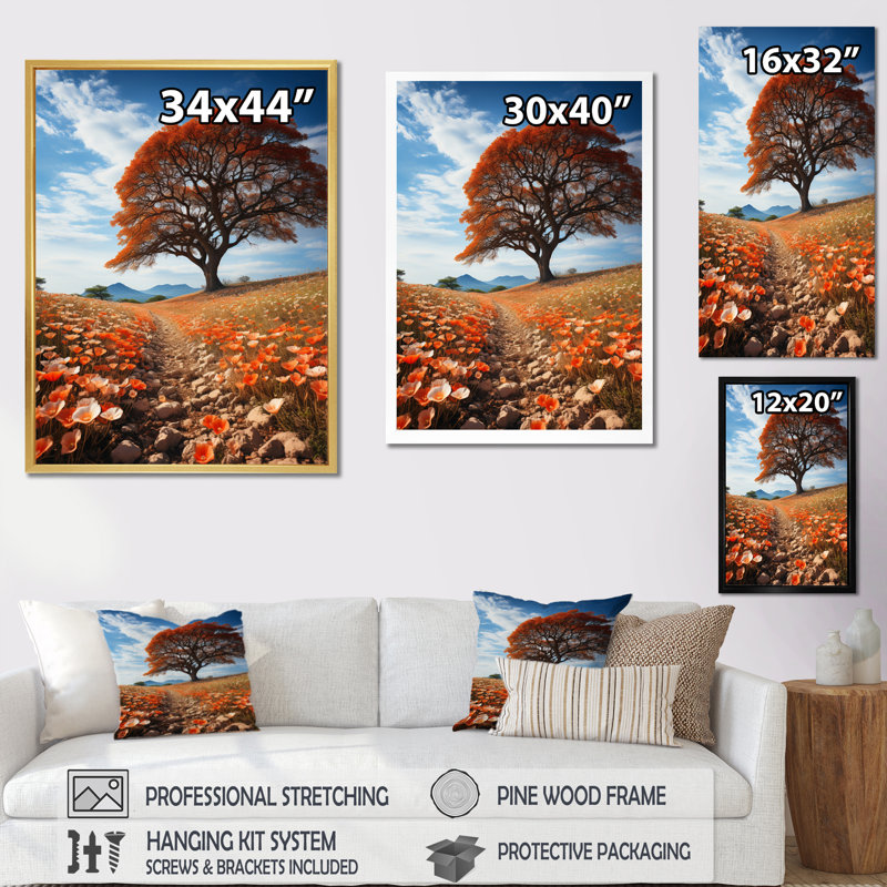 " A Canopy Tree in Wildflowers I " Mixed Media and Color Photography Print, 40" H x 30" W x 1.5" D, Black Floater Framed