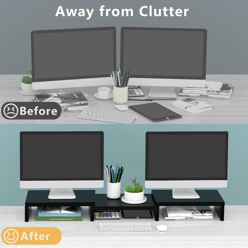 Dual Monitor Stand Riser Office Desktop Organizer Stand For 2 Monitors, Adjustable Length And Angle 3 Shelf, Extra Long Multifunctional Stand Up To 48.2"