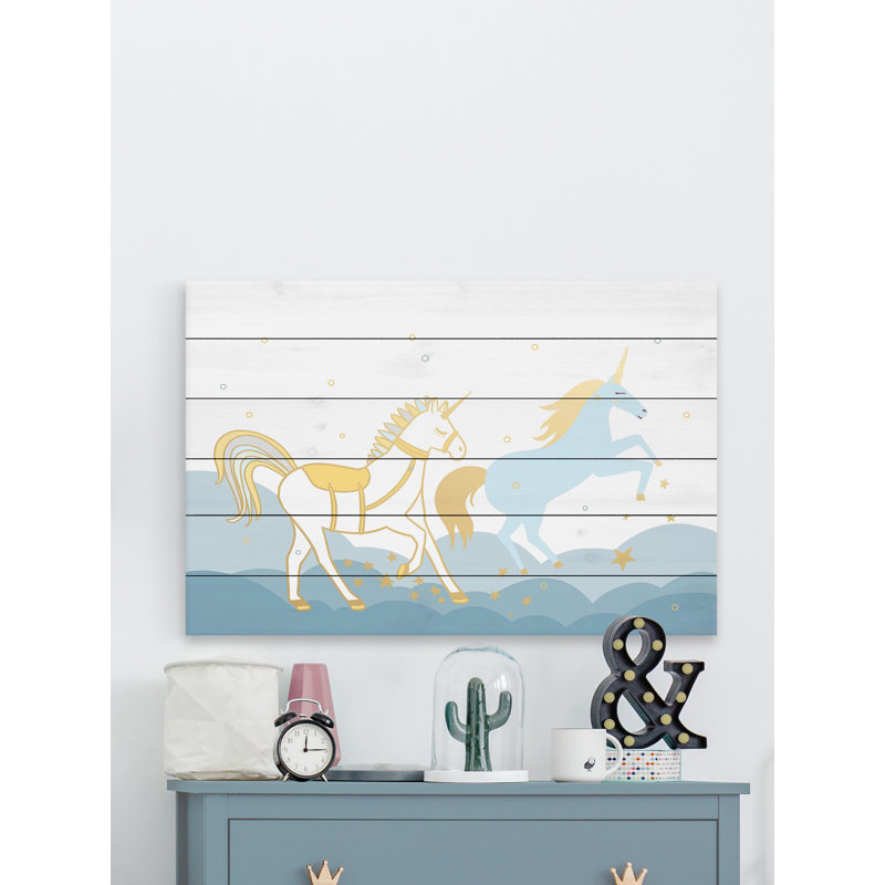 Gerritt, les licornes arrivent, impression sur bois blanc, H 12 po x l 18 po x P 1,5 po