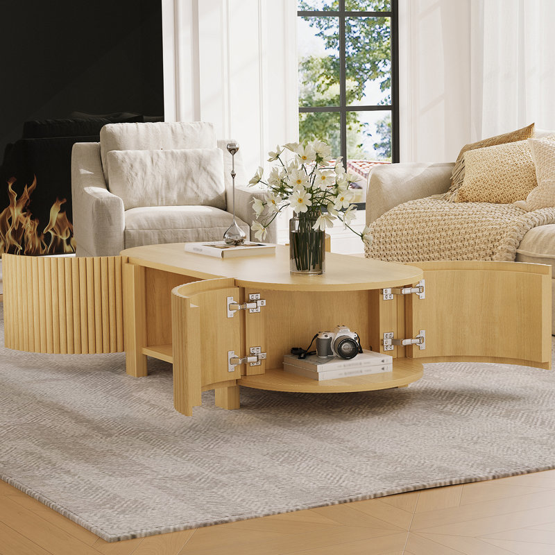 Table basse ovale cannelée avec rangement pour le salon, bois d'hévéa massif, 1 tablette et 2 portes de rangement ouvertes, naturel, 47 po