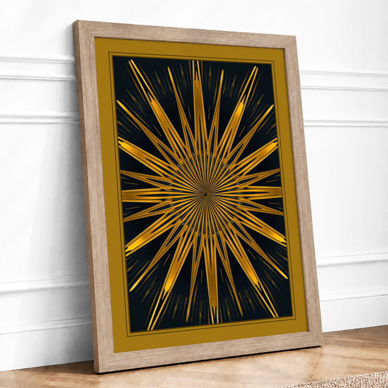 Golden Starburst Geometric - Framed Print, A2 - 59.4 x 42.0 cm, Oak