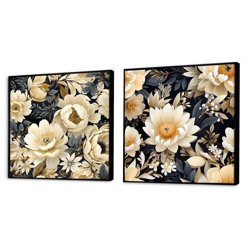 Pétales de fleurs blanches au paradis - ensemble de 2 collages floraux carrés, Cadre flottant noir, H 36 po x l 73 po