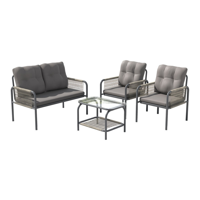 4-Piece Outdoor Rattan Patio Conversation Set, All-Weather Metal Frame Sofa Set with Glass Coffee Table & Removable Gray Cushions for Porch, Deck, Backyard