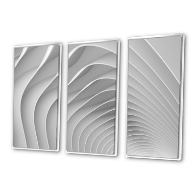 Fractal Bulgy White 3D Waves - Ensemble de 3 toiles abstraites encadrées
