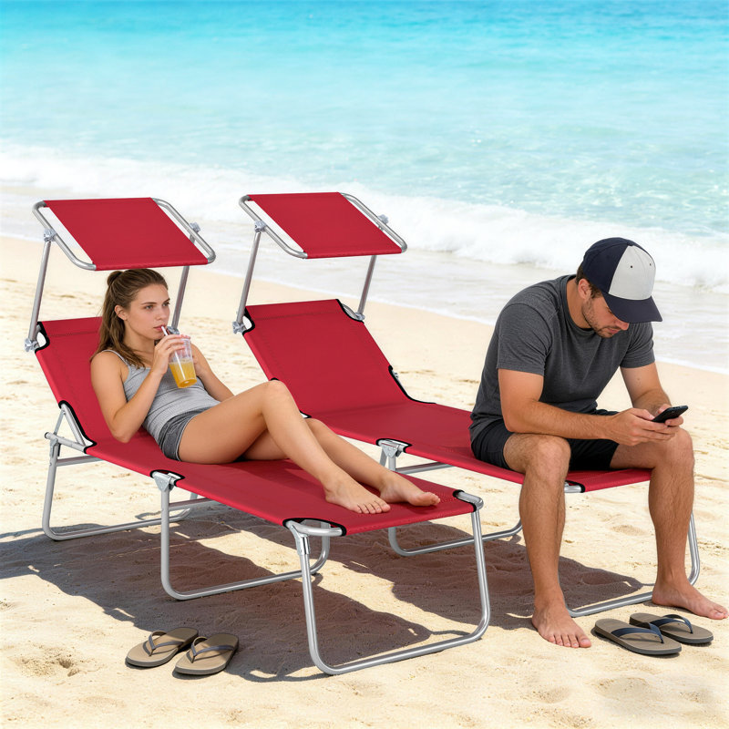Outsunny Folding Sun Lounger Set of 2 with Canopy, Portable Red