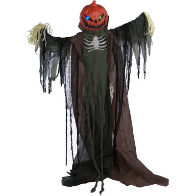 Haunted Hill Farm 80 In. Life-Size Poseable Pumpkin Scarecrow, Halloween Animatronic with Touch Activated Lights and Sound