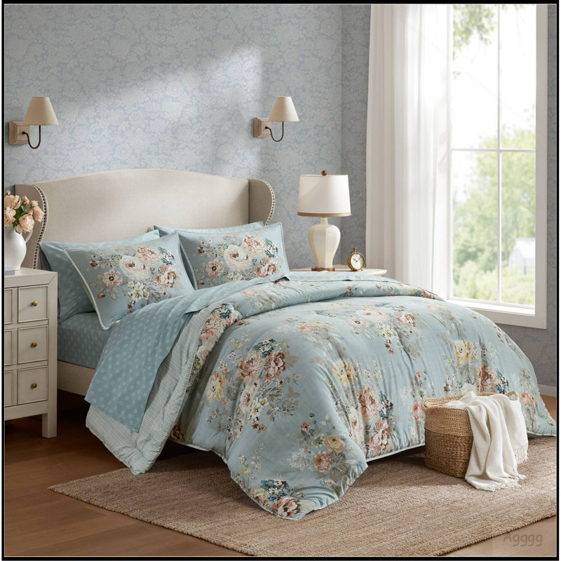 7 pièces, 7 pièces, imprimé floral, bleu doux, Full Comforter + 6 Additional Pieces, Bleu, multicolore, floral
