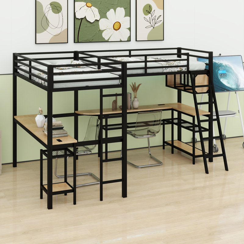 Lit mezzanine d'angle peu encombrant avec DEL ambiantes, tablettes organisationnelles, ports de chargement pour appareils et bureaux attachés