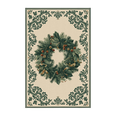 Tapis beige moderne et contemporain lavable à la machine Fieldston Christmas - reliure vert sauge