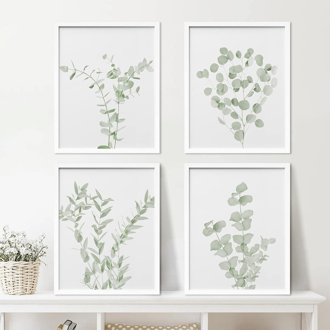 Minimal Botanical " IDEA4WALL Framed Pastel Watercolor Green Leaves Wall Art, Set Of 4 Nature Wilderness Wall Decor Prints, Botanical Floral Wall Decor For Living Room, Bedroom " 4 - Pieces IDEA4WALL 