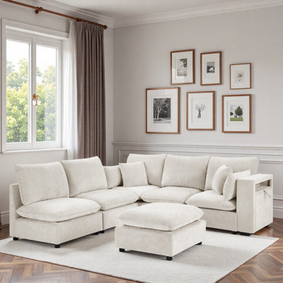 Canapé modulaire moderne avec repose-pieds mobile, accoudoirs de rangement et ports USB