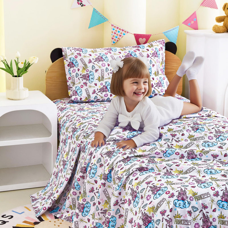 Ensemble de draps pour enfants, draps pleine grandeur 4 pièces, drap-housse en microfibre avec poche profonde de 15 pouces et sangles de coin, imprimé losanges Castle