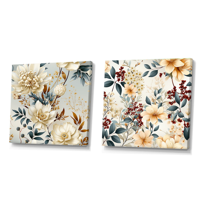 Ensemble de 2 carrés de collage abstraits et botaniques Issa, H 30 po x l 61 po, Toile tendue