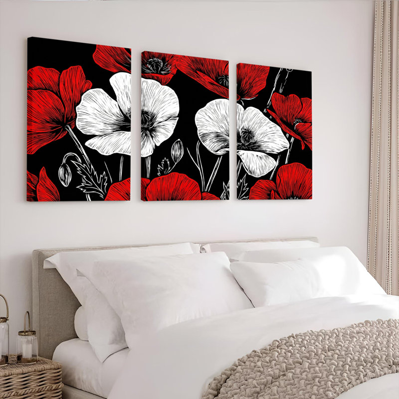 Ensemble de 3 tableaux muraux sur toile tendue, motif floral de coquelicots rouges et blancs, 1624