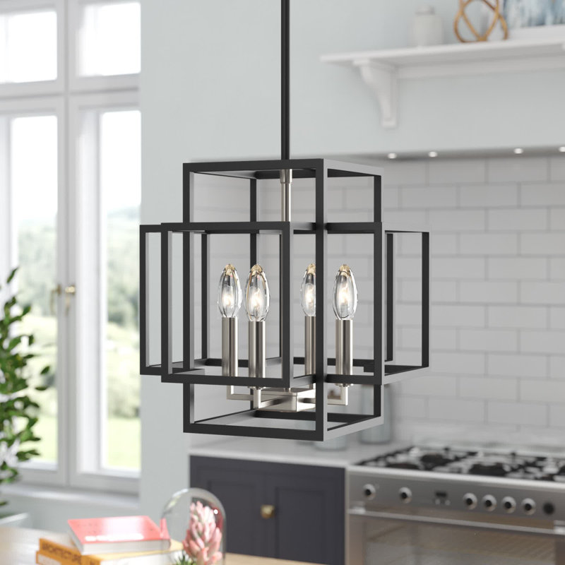 Orona 4 - Light Steel Dimmable Lantern Square / Rectangle Chandelier, 14" H x 14" W x 14" D, Black/Brushed Nickel