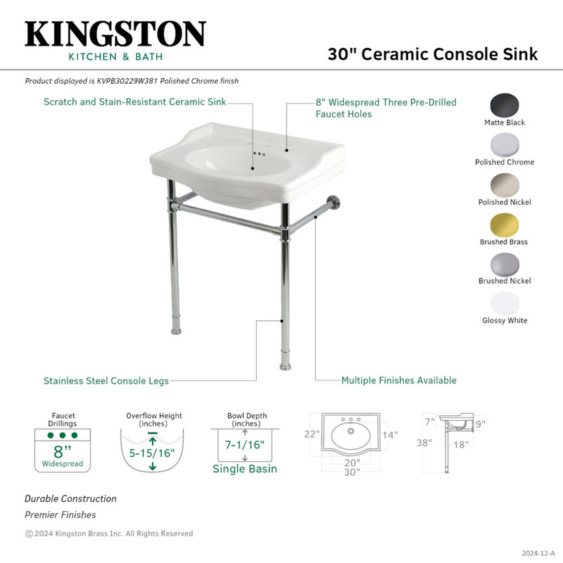 Évier de console victorienne en céramique 30 po avec pieds en acier inoxydable Kingston (8 pouces, 3 trous) Kingston