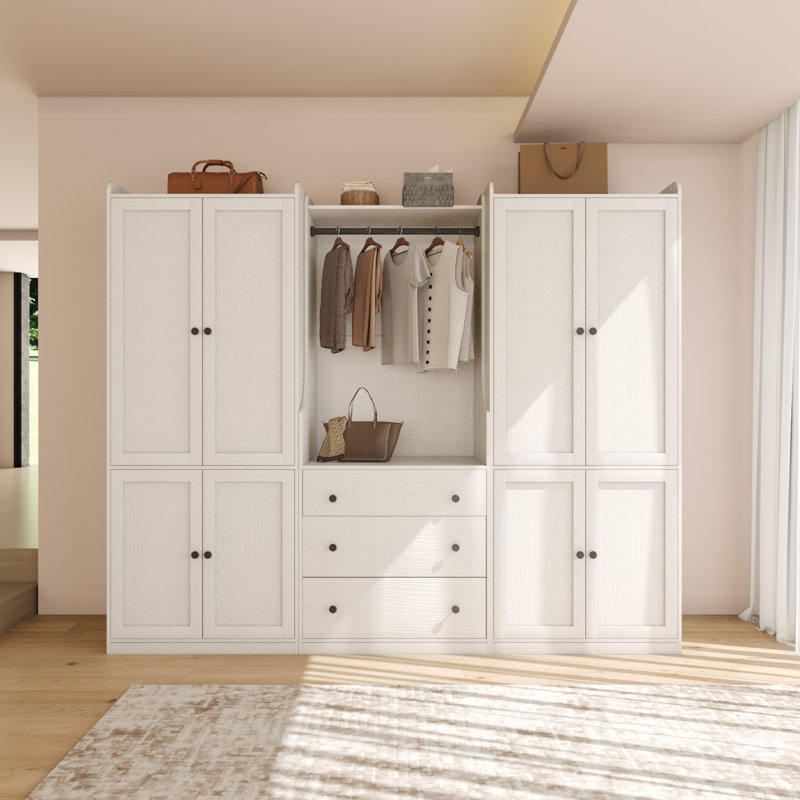 Contemporary Freestanding Wardrobe Armoire With Curved Side Panels, Hanging Rod & 3 Drawers