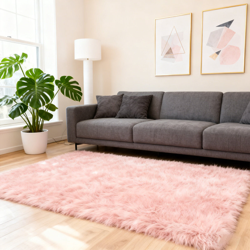 Lush Silky Pink Faux Sheepskin Living Room Rug, Rectangle 4' x 6'