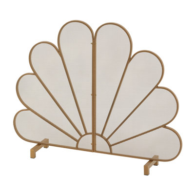 Fan‑Shaped Peacock Design Freestanding Fireplace Screen, 2‑Panel Decorative Metal Mesh Spark Barrier for Home Indoor Fireplaces