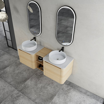 Meuble-lavabo mural 60 po avec lavabo d'art en céramique et 1 tablette de rangement, porte à fermeture en douceur