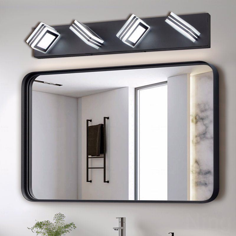 Luminaire de meuble-lavabo de 26 po de style moderne avec finition en métal noir à 4 lumières avec luminaire à DEL pour meuble-lavabo, abat-jour carrés en acrylique avec installation murale