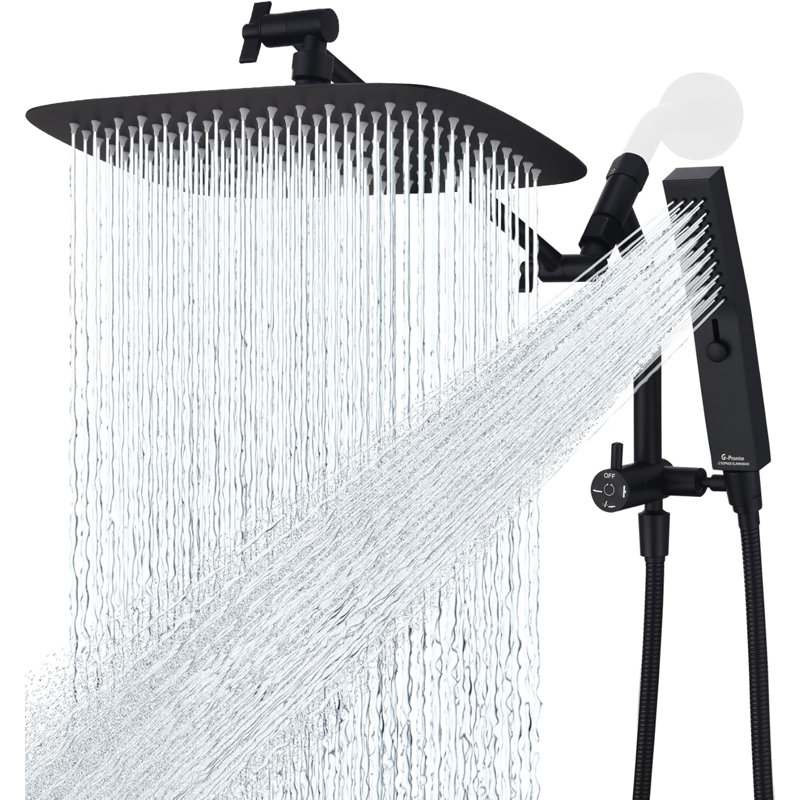 All Metal 12-Inch Rainfall Shower Combo With Handheld Wand, Adjustable Arm, And Pause Function, Matte Black