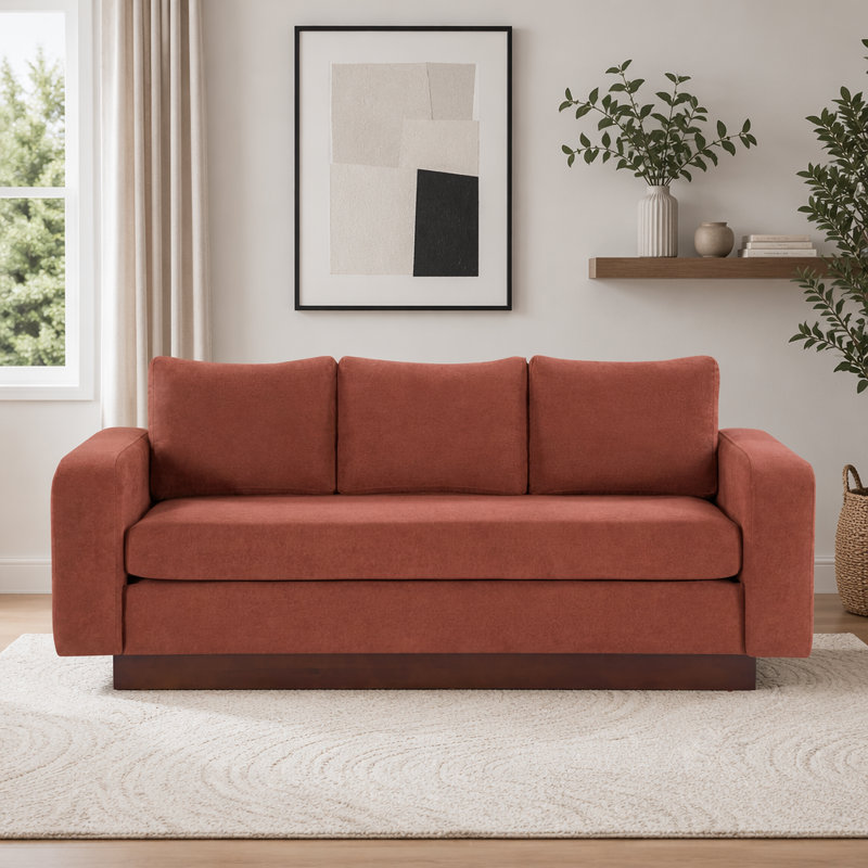 Canapé 3 places en chenille avec accoudoirs larges et base en bois d'hévéa robuste, Red Chenille