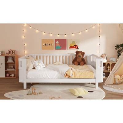 Grand lit blanc, plateforme en bois, profil bas, rails, 5,5 po du sol, coins arrondis, espace de clôture de 2,8 po, plancher de conception à forte charge, fabrication de lit de qualité